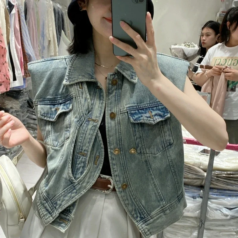 

Vintage Harajuku Y2k Denim Vest Korean Fashion Sleeveless Jacket Women Tanks Streetwear Button Knot Waistcoat Cardigan Crop Tops