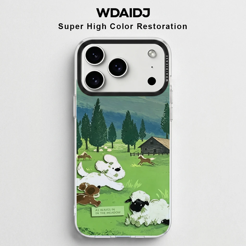 

Pastoral Meadow Pet Illustration Phone Case For iPhone13 14 15 16 17 High Color Restoration Case