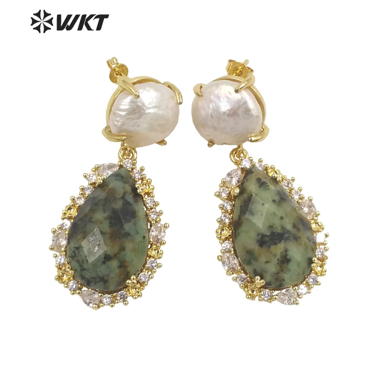 WT-E698 Unique Micropave Gold Bezel Cubic Zircon Natural Teardrop Stone Pearl Earrings Gorgeous Turquoise Stud Jewelry Findings