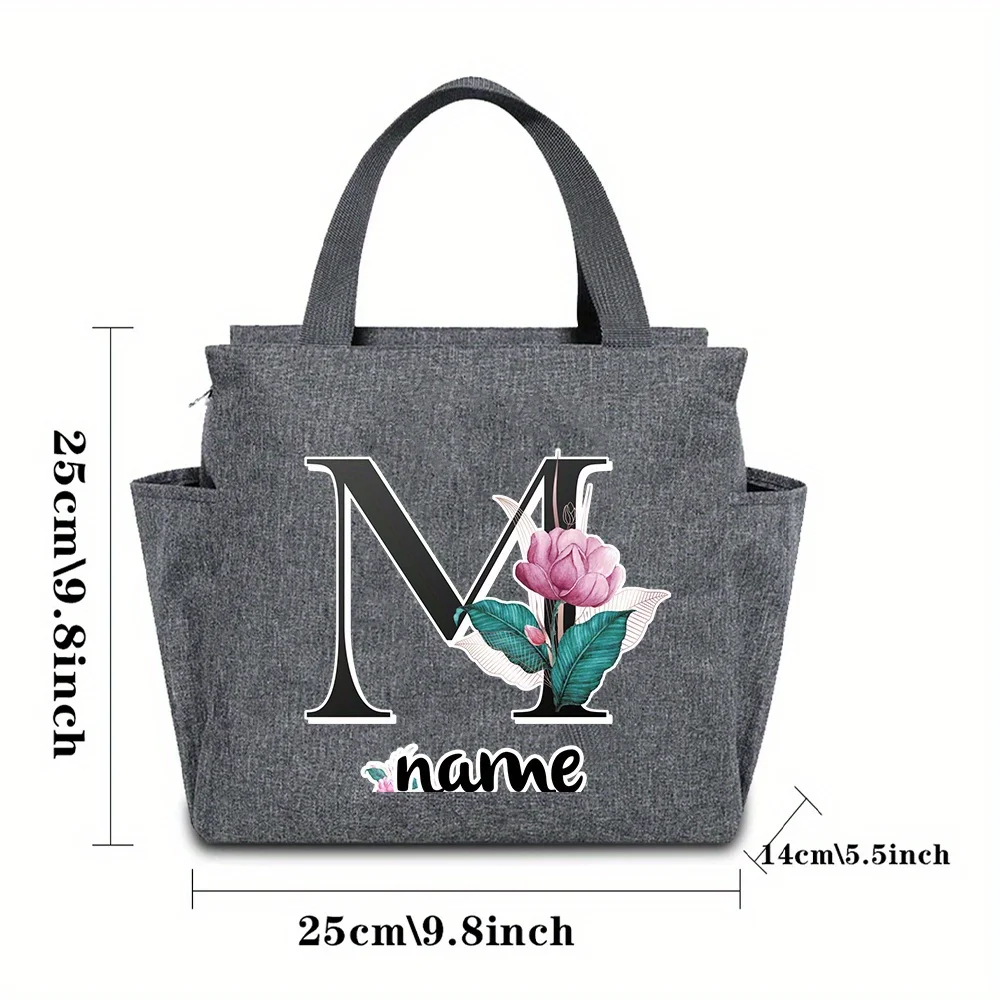 Customized Name Insulated Grey Lunch Bag Personalized Aluminum Foil Bento Black Letter Lunch Bag Insulated Picnic Food Bag
