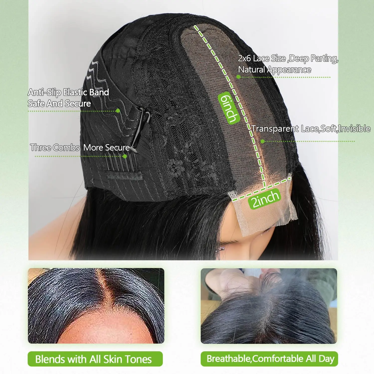 Lemoda Short Bob Wig Human Hair 2x6 Lace Closure Wig Virgin Human Hair 100% Beginner Friendly Bone Straight Pre Cut Ordered Tail Bob Wig Transparent Lace Closure Wigs 250% Density Full & Thick