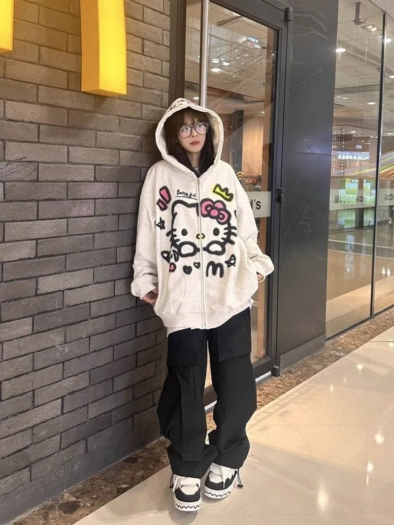 

100% Pure Cotton Cute Cartoon Hello Kitty Zip Up Hoodie Spring Autumn Sweatshirt Loose and Lazy Style Jacket Streetwear Women