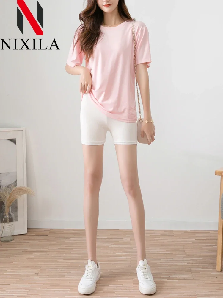 กางเกงขาสั้นขี่จักรยานของผู้หญิงสำหรับฤดูร้อนกางเกงเลกกิ้งขาสั้นเอวสูงสีขาวยืดหยุ่นลำลองกระชับสัดส่วนเซ็กซี่แบบสั้นมาก