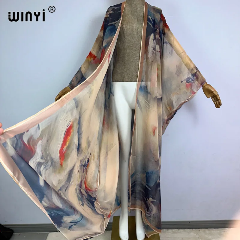 WINYI kimono nowy wzór boho seksowny płaszcz z perspektywy do podłogi sukienka na plażę eleganckie świąteczne stroje plażowe dla kobiet