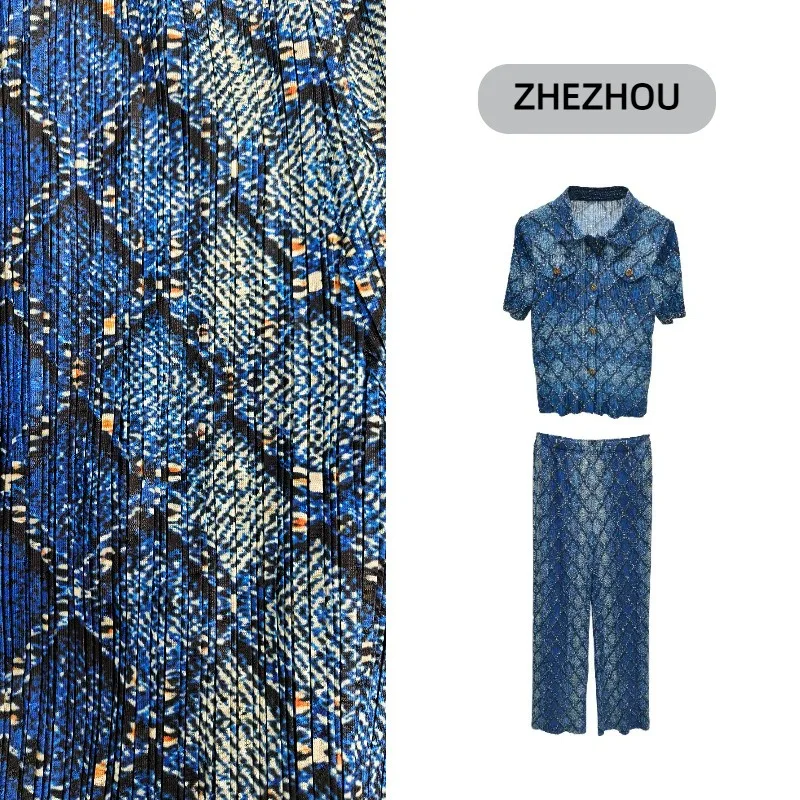 

Miyake плиссированные брюки, женский костюм, осень 202, новая мода, рубашка в стиле ретро, брюки, весь комплект из искусственного денима с принтом, повседневный комплект из двух предметов