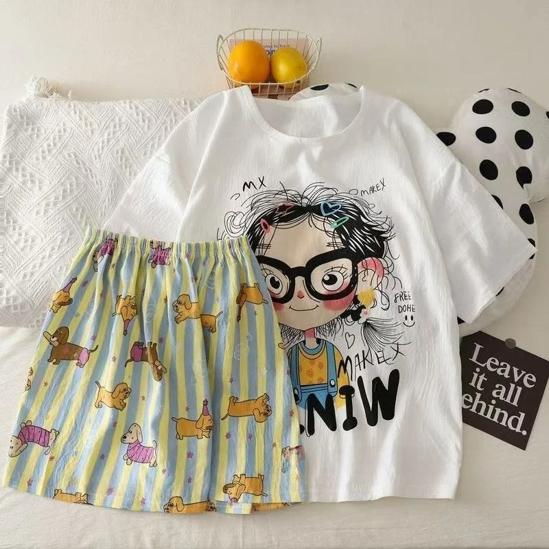 

Sweet Cartoon Print Little Girl's Summer Sleepwear Set Short Sleeve Short Pants Home Clothes Youth Lightweight Cotton Pajamas