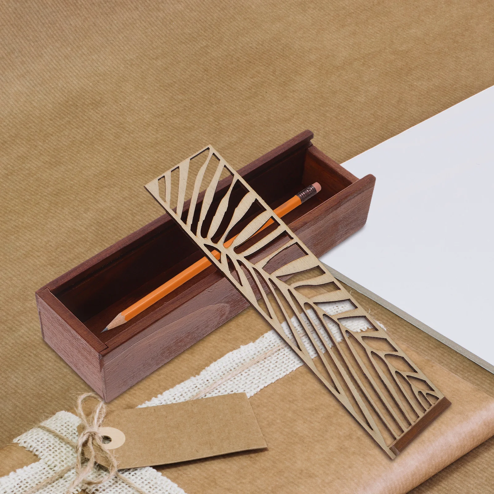 

Wooden Hollow Pencil Box Decorative Piercing Design Sliding Lid Stationery Sundry Storage Box for Desk Organization