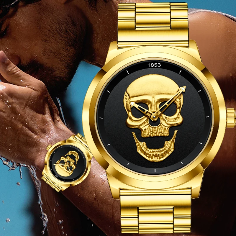 LIGE Top Luxury Brand Gold Black Skull Men Watches with Stainless Steel Sports Waterproof Quartz Clocks Male Creative Wristwatch