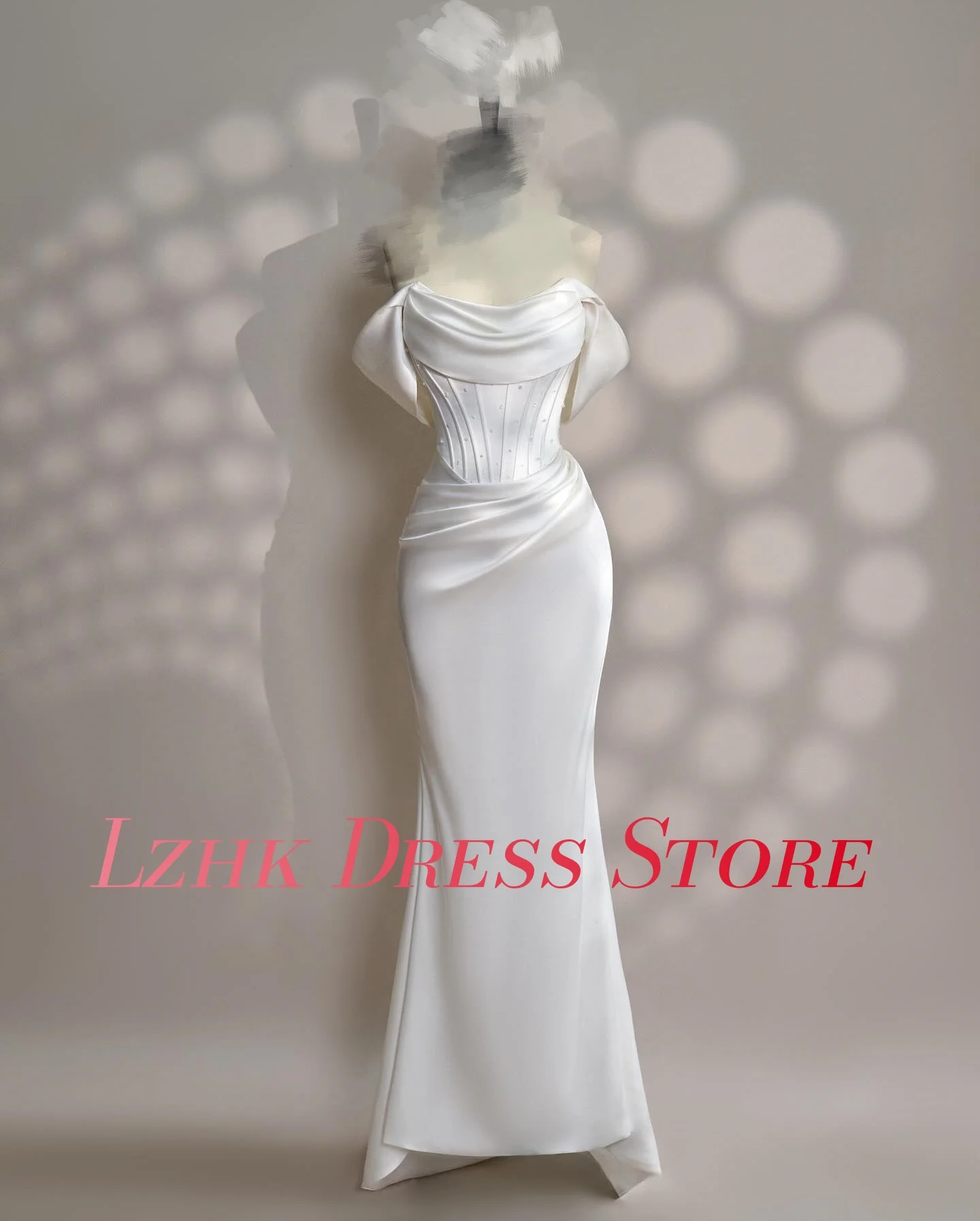 Customized Graceful Satin Mermaid Off the Shoulder Pearls Evening Dress Temperament Short Sleeves Strapless Celebrity Gowns