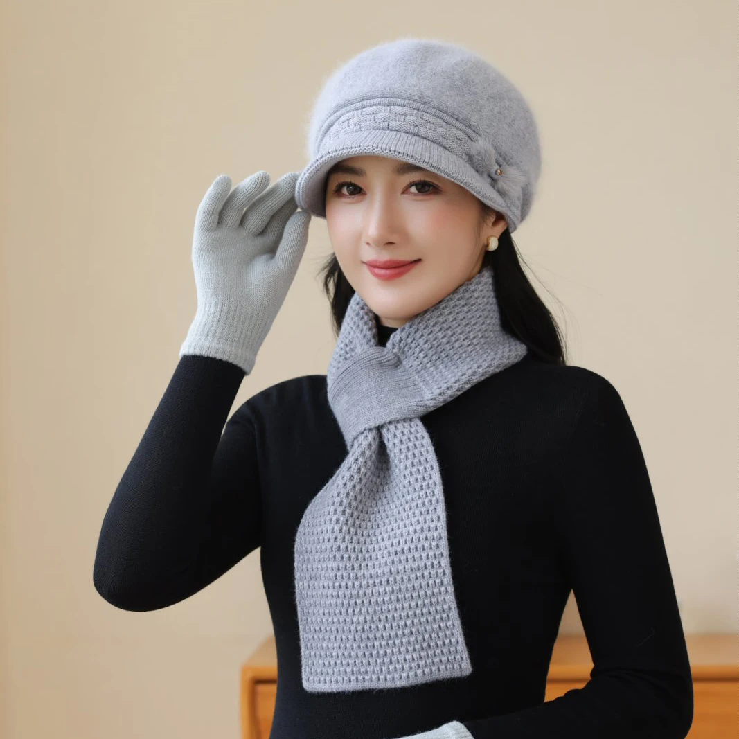 

Теплая шапка для мамы, новая зимняя утолщенная флисовая вязаная шапка с кроличьим мехом и шарф, комплект квадратного берета с шариком волос для среднего и пожилого возраста