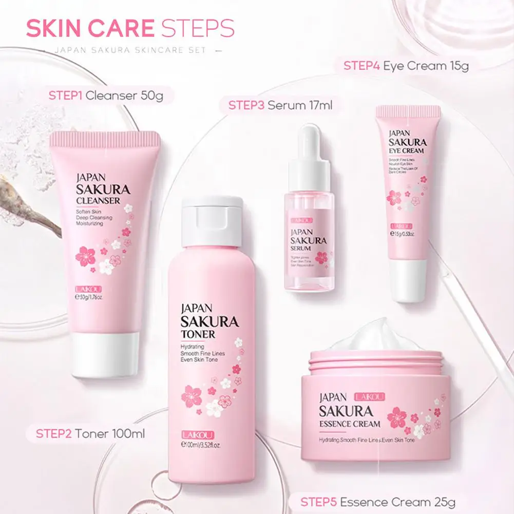 LAIKOU Sakura Skin Care Set 5Pcs/Box Hydrating & Moisturizing Face Cream Serum Toner Facial Cleanser Sunscreen Eye Cream New