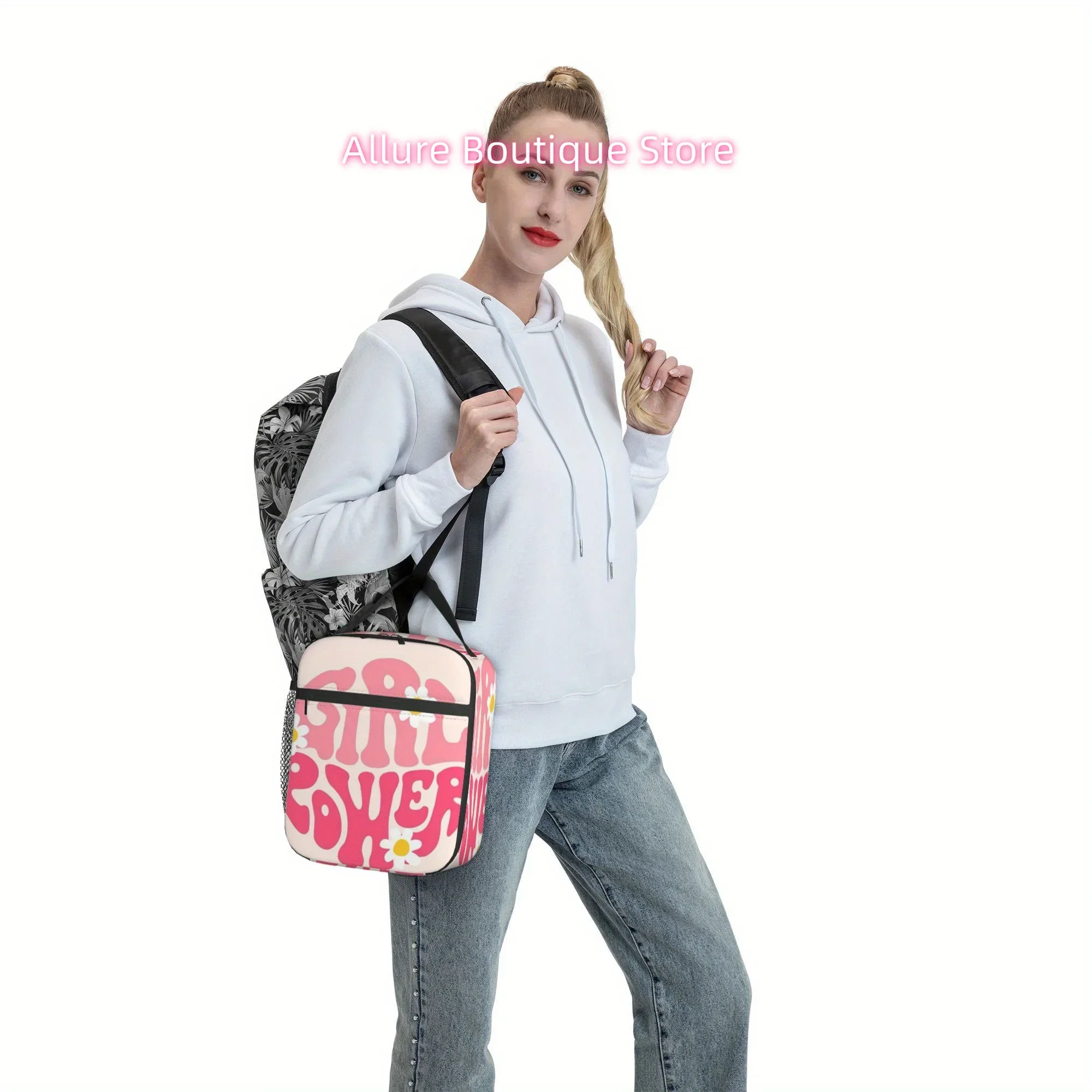 1pc Power Daisy & Feminist Slogan Thermal Insulated Bag - Pink & White Reusable Cooler with Power Logo, Portable for,1 Picnic -
