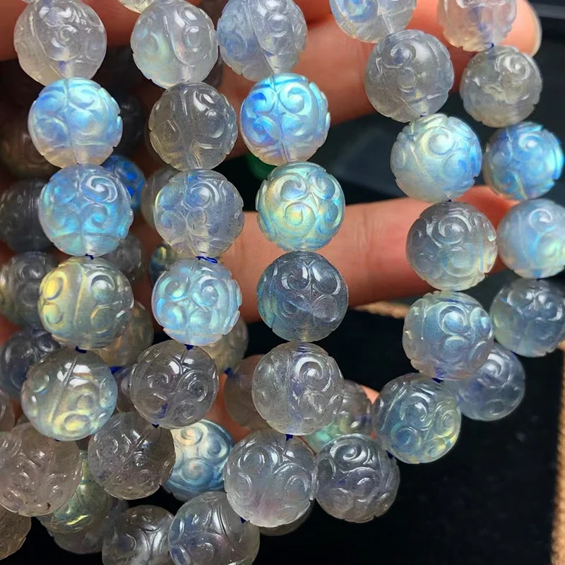 Unit One Bracelet 9 to 10mm Natural Strone Flash Labradorite Crystal Carving Bead Bracelet For Jewelry Gift