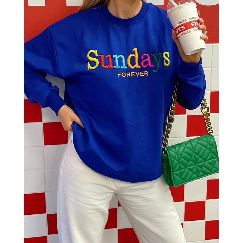 Sunday Forever Rainbow Letters Embroidery Autumn Causal Women Sweatshirt Blue Crewneck Long Sleeve Thick Pullover Vintage Jumper
