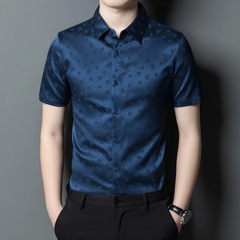 Smooth Skin-Friendly Men Shirt Real Silk Short Sleeve Gentleman Summer Quality Comfortable Breathable Jacquard Camisas De Hombre