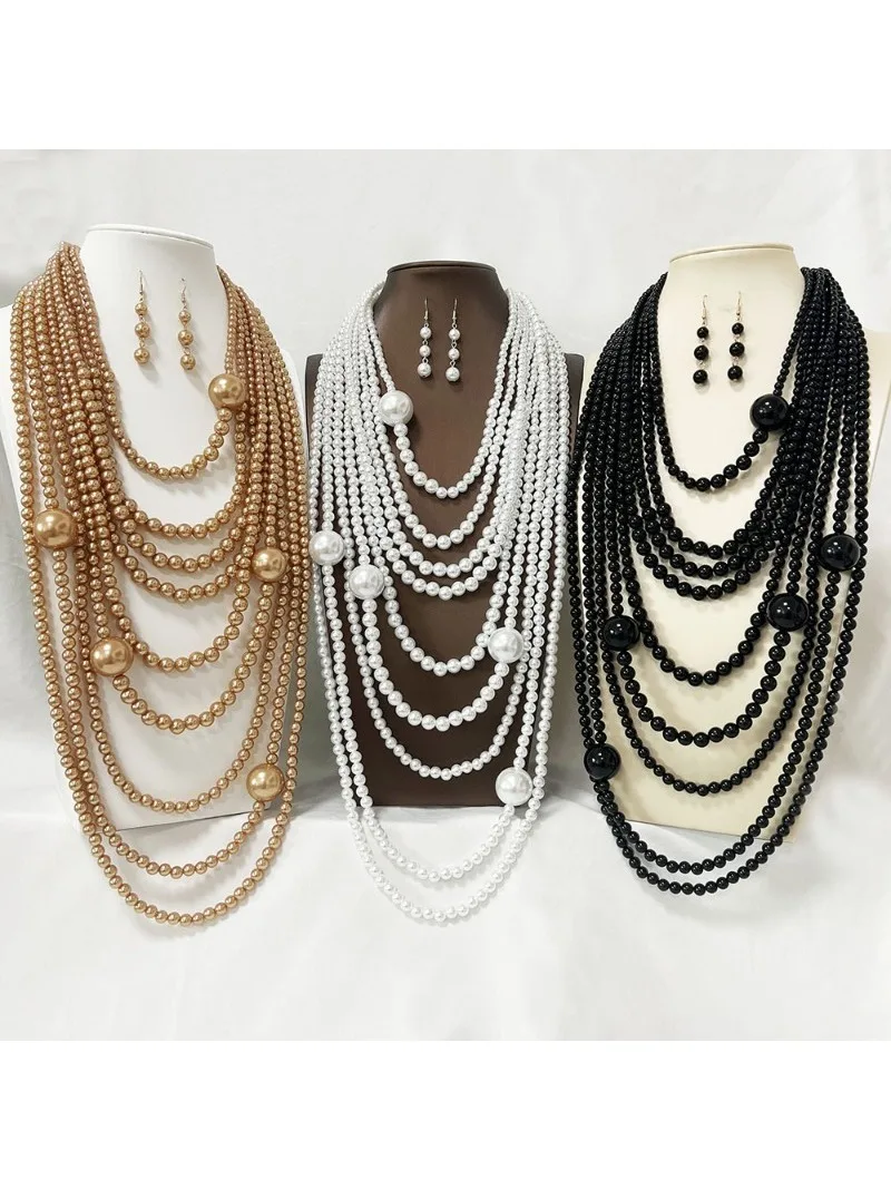 Übertriebene mehrschichtige Imitation Perle Halsband Halskette Frauen Luxus Lange Quaste Anhänger Pullover Kette Braut Mi Schmuck – Detail 7
