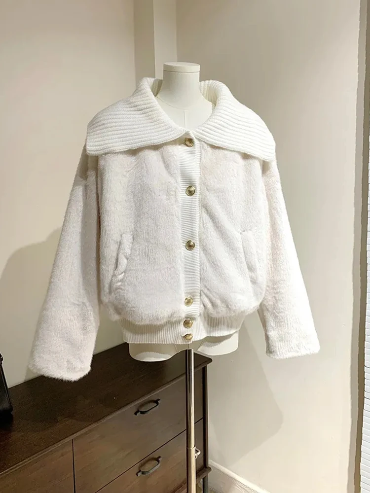 

Французский нежный повседневный кардиган, женский вязаный лоскутный искусственный мех, шикарные пальто на пуговицах, осень-зима, теплый универсальный свободный топ с длинными рукавами