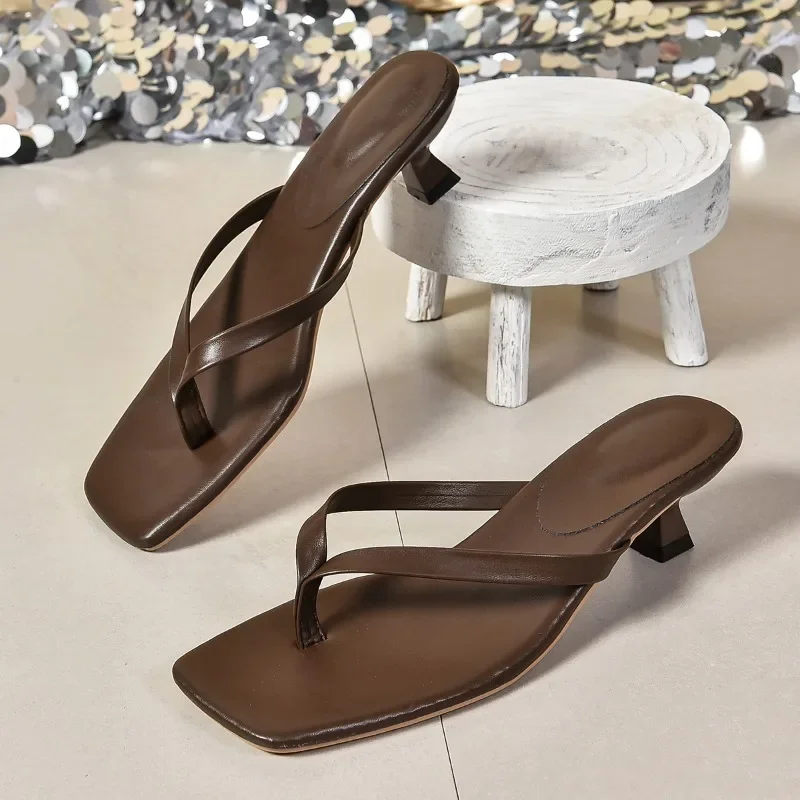 2025 Summer New Soft Leather Square Toe Cat with Flip-flops Women Fashion Thin Belt Thin Heel Soft Sole Flip-flops