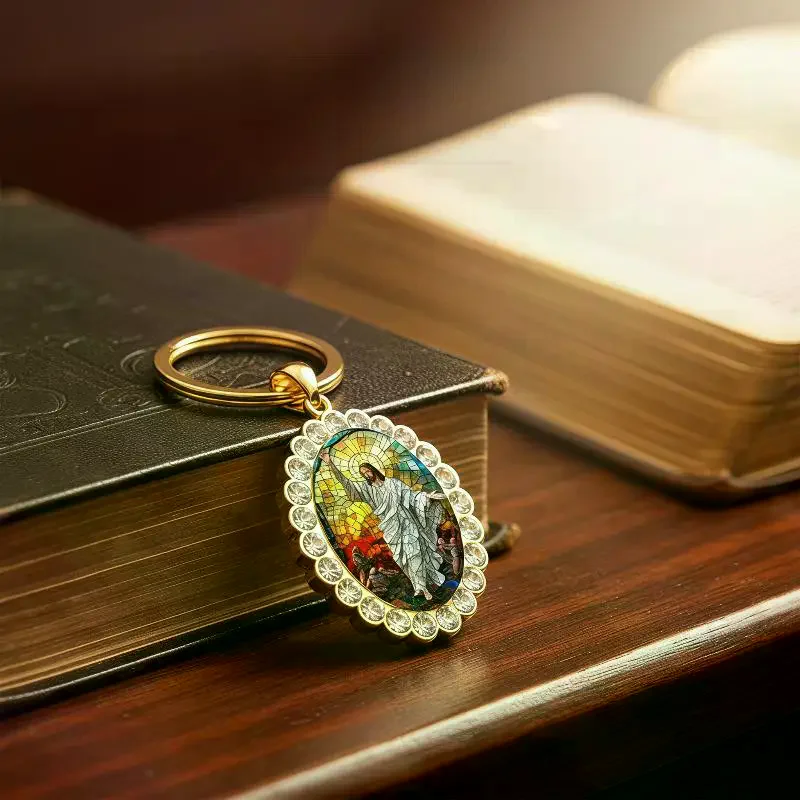 Gold Plated Stained Glass Style Keychain: Rhinestone Border Gifts Religious Souvenirs Daily Use