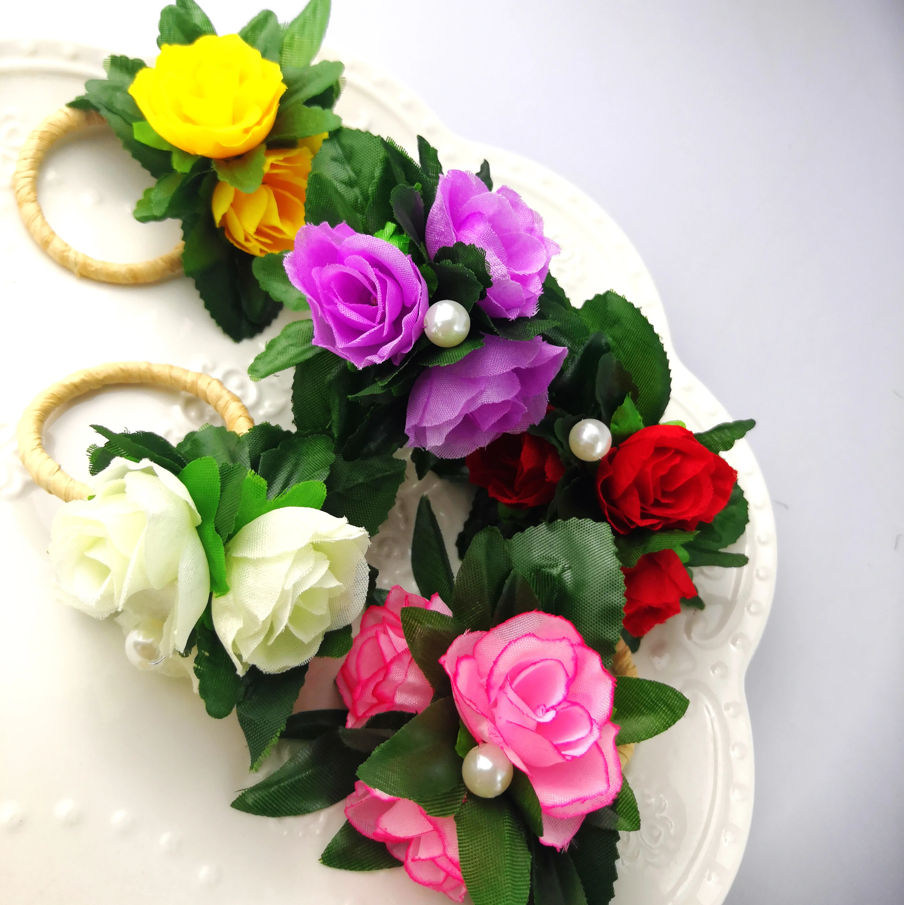 

Free Shipping Colorful Artificial Flower Napkin Ring Wedding Holiday Decoration , Wholesale Napkin Holder 12 Pcs