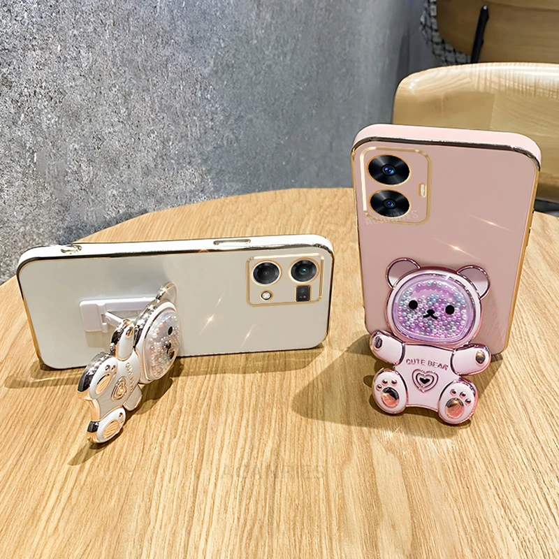 Realmec55 Cute Plating Quicksand Bear Holder Case For Oppo Realme C55 C53 C67 C33 C35 C67 4g 11 9 Pro Plus Silicone Stand Cover