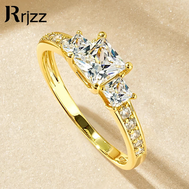 

Rrjzz Three Stone Princess Cut CZ Simulated Diamond Rings 14k Gold Plated Engagement Ring for Women Anniversary Jewelry Gifts