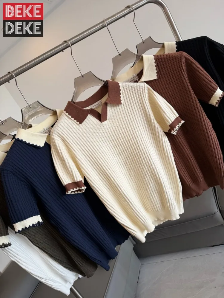 Summer Men Casual Comfortable Pullover Stretchy Knitted Tops Breathable Turn Down Collar Knitwear Business Short Sleeve T-Shirt