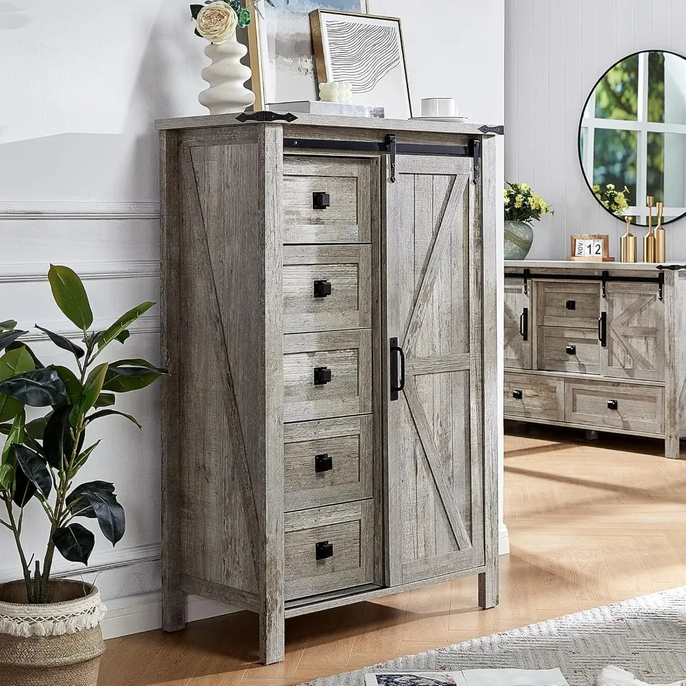 

31.5'' Farmhouse Dresser with Sliding Barn Doors, 48 Rustic 5 Drawer Tall Dresser, Storage Organizer for Bedroom