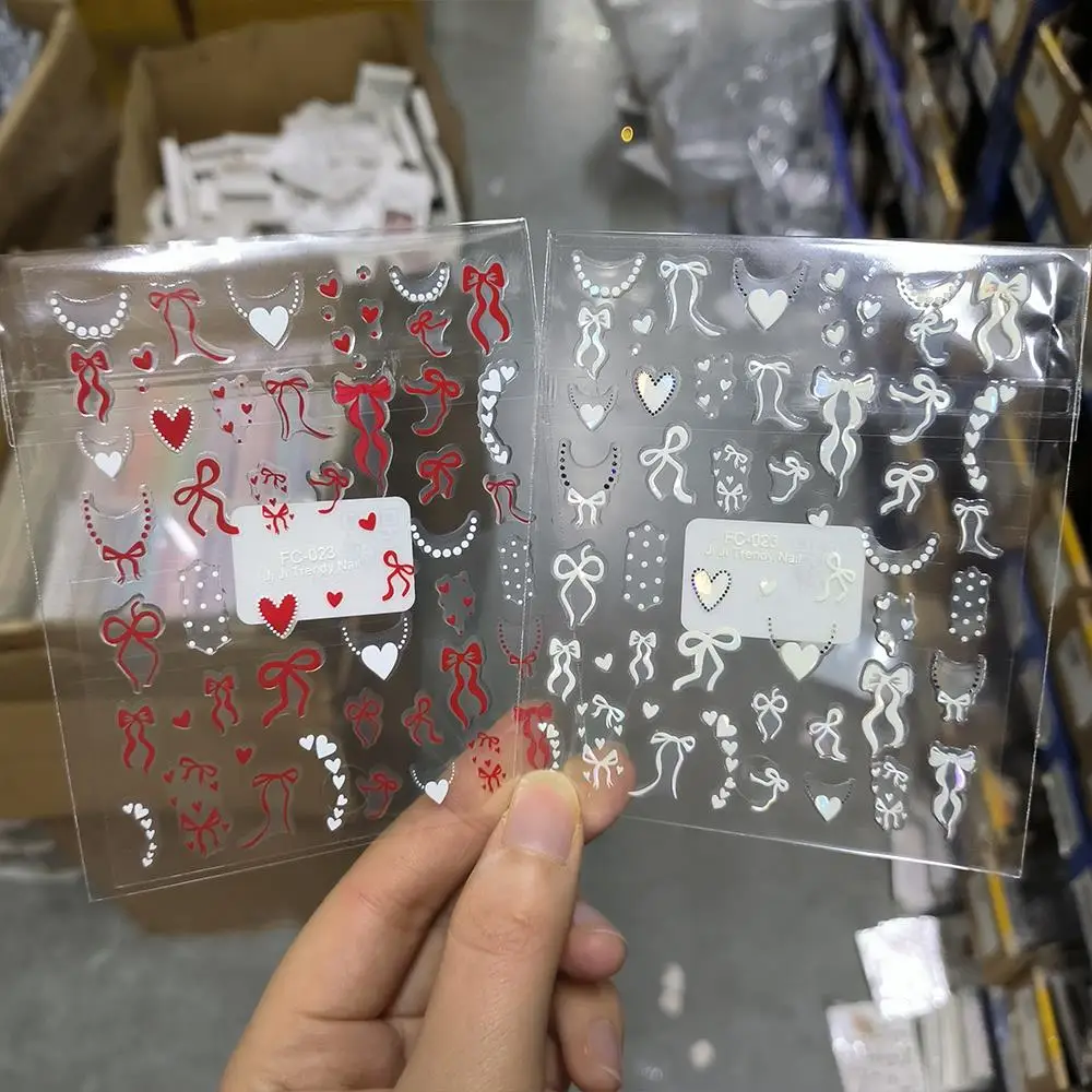 2개 세트 오로라 레드 화이트 하트 네일 아트 스티커 반짝이는 리본 사랑 프렌치 목걸이 네일 데칼 달콤한 여성 소녀 매니큐어 슬라이더