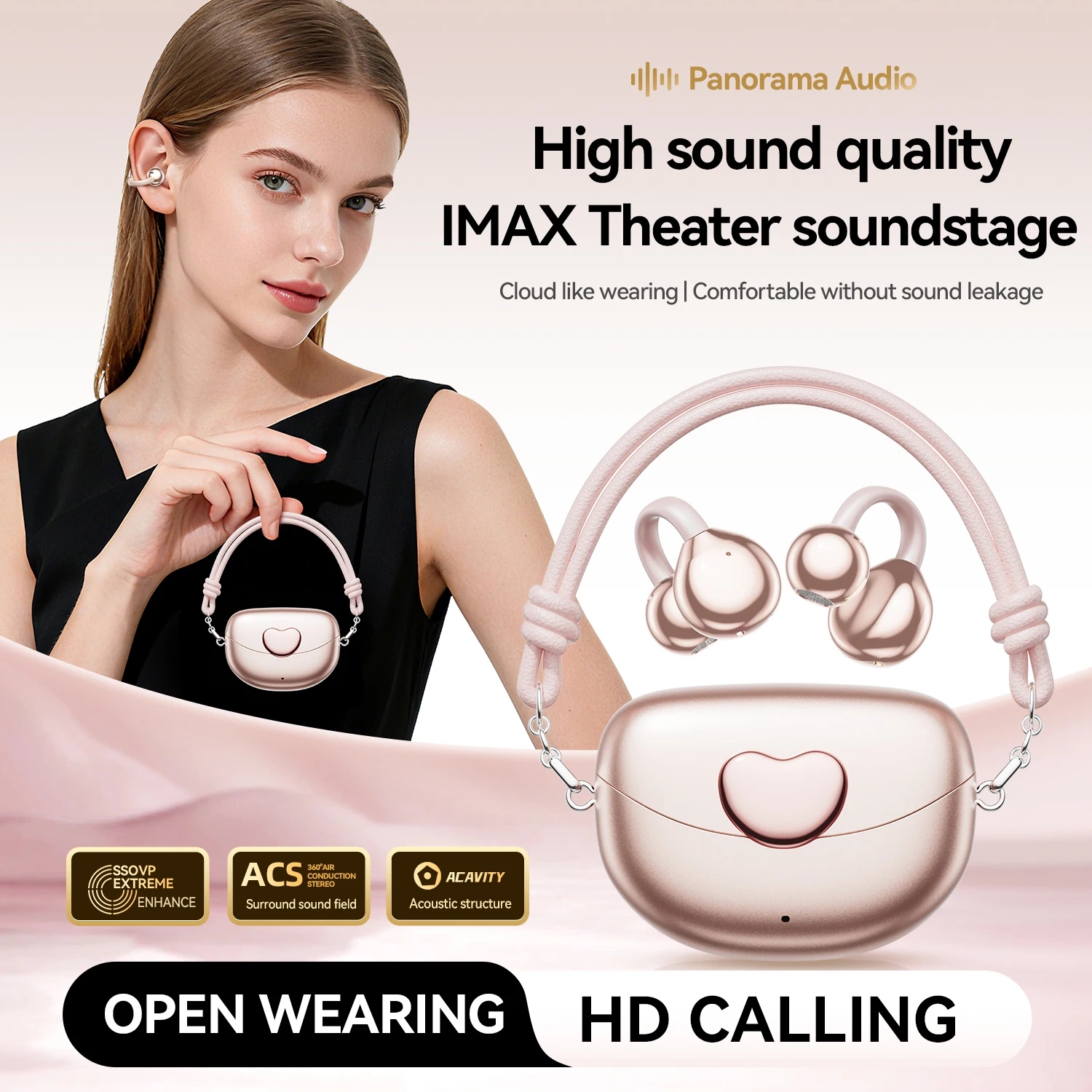 Auricolari wireless con clip alla moda con custodia di ricarica a forma di cuore Suono HiFi Auricolari Bluetooth6.0 IPX7 impermeabili con clip per l'orecchio