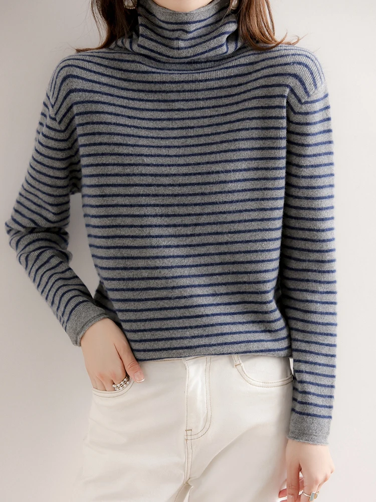 Striped Turtleneck Sweater for Women Autumn and Winter 2024 New Western Style Top Pile Collar Thickened Inner Wear Wool Sweater