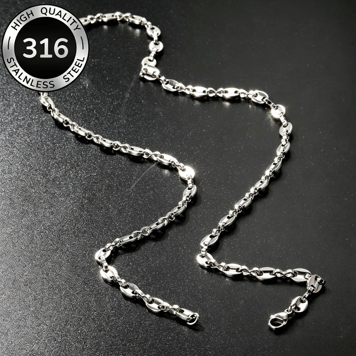Collier chaîne à maillons en acier inoxydable motif grains de café, couleur argent, style gothique hip-hop, longs colliers pour homme et femme, bijoux tendance