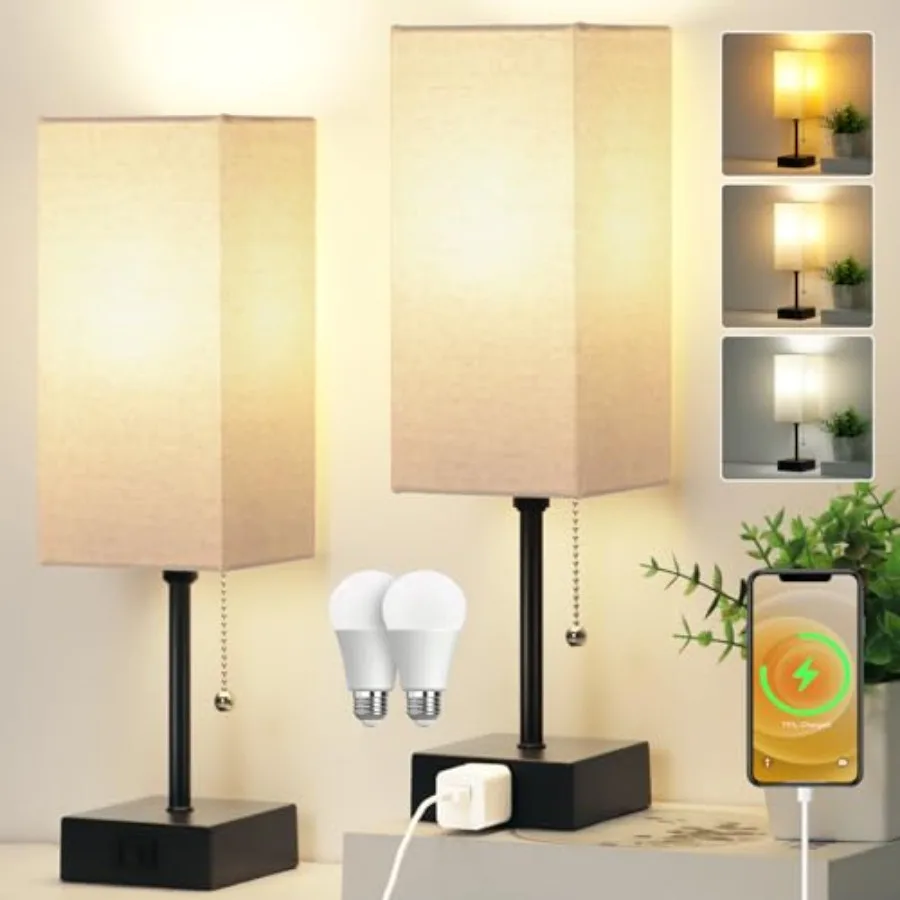 15'' Bedside Table Lamp for Bedroom Small Night Light Lamps for Night stand Pull Chain Table Lamps for Night stands with AC Out