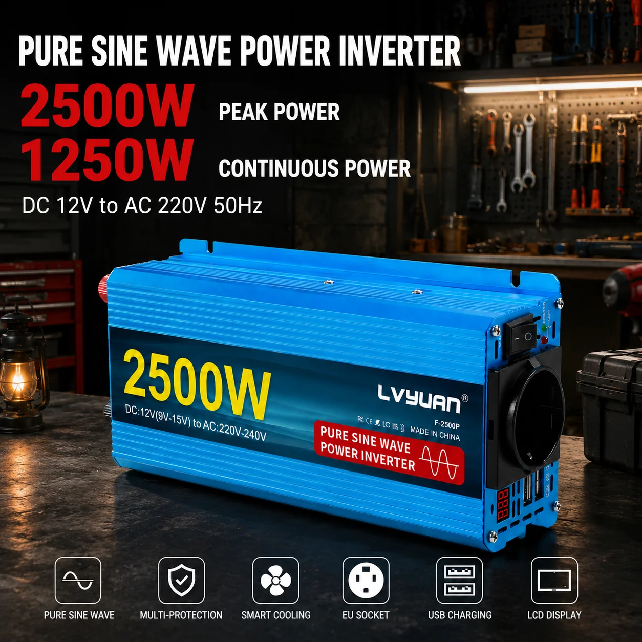 Convertisseur de courant à onde sinusoïdale pure LVYUAN 1200W 1600W 2500W 3000W DC12V vers AC 230V 50Hz, chargeur universel pour voiture, adaptateur prise UE, double alimentation USB pour camping-car, camion, camping, système solaire, usage domestique, extérieur, voyage, hors réseau
