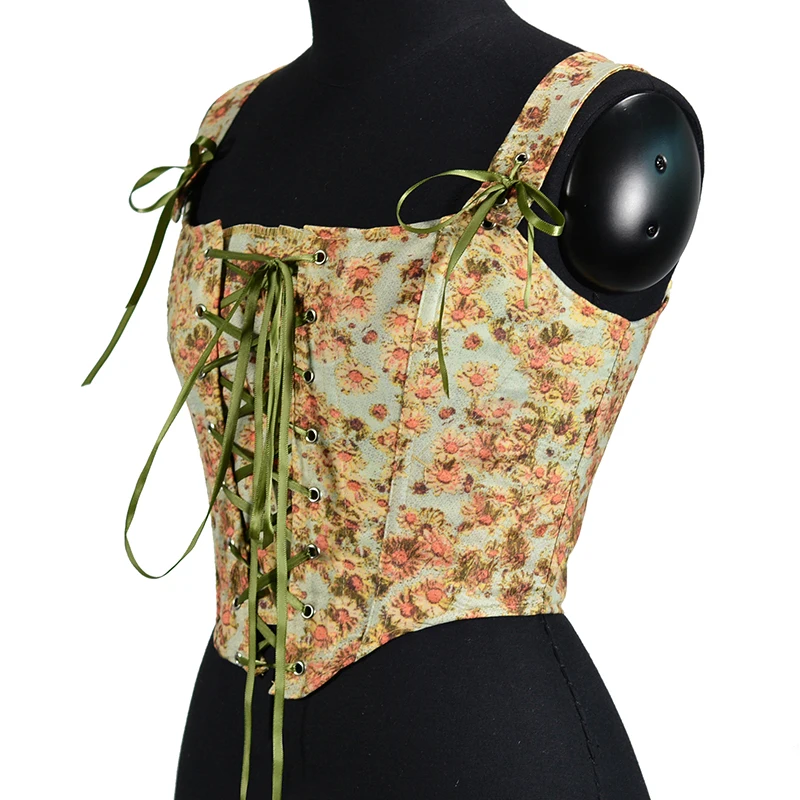 Beaushare Floral Print Crop Tops Female Sleeveless Bandage Short Strap Vest For Women Vintage Fashion Korean 2022 Lace up Corset