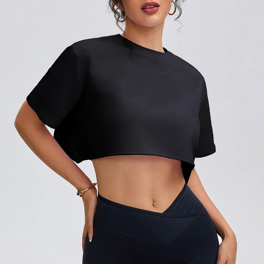 Anfilia Women Fashion Yoga Shirts Loose Fitting Crew Neck Short Sleeves 95% Cotton Breathable Gym Fitness Running Crop Tops image 2