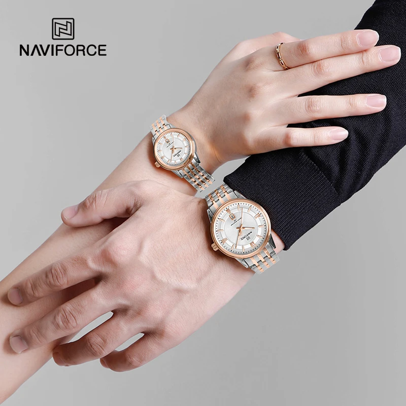 NAVIFORCE-Reloj de pulsera sencillo para pareja, cronógrafo de cuarzo con correa de acero inoxidable, resistente al agua, luminoso, calendario