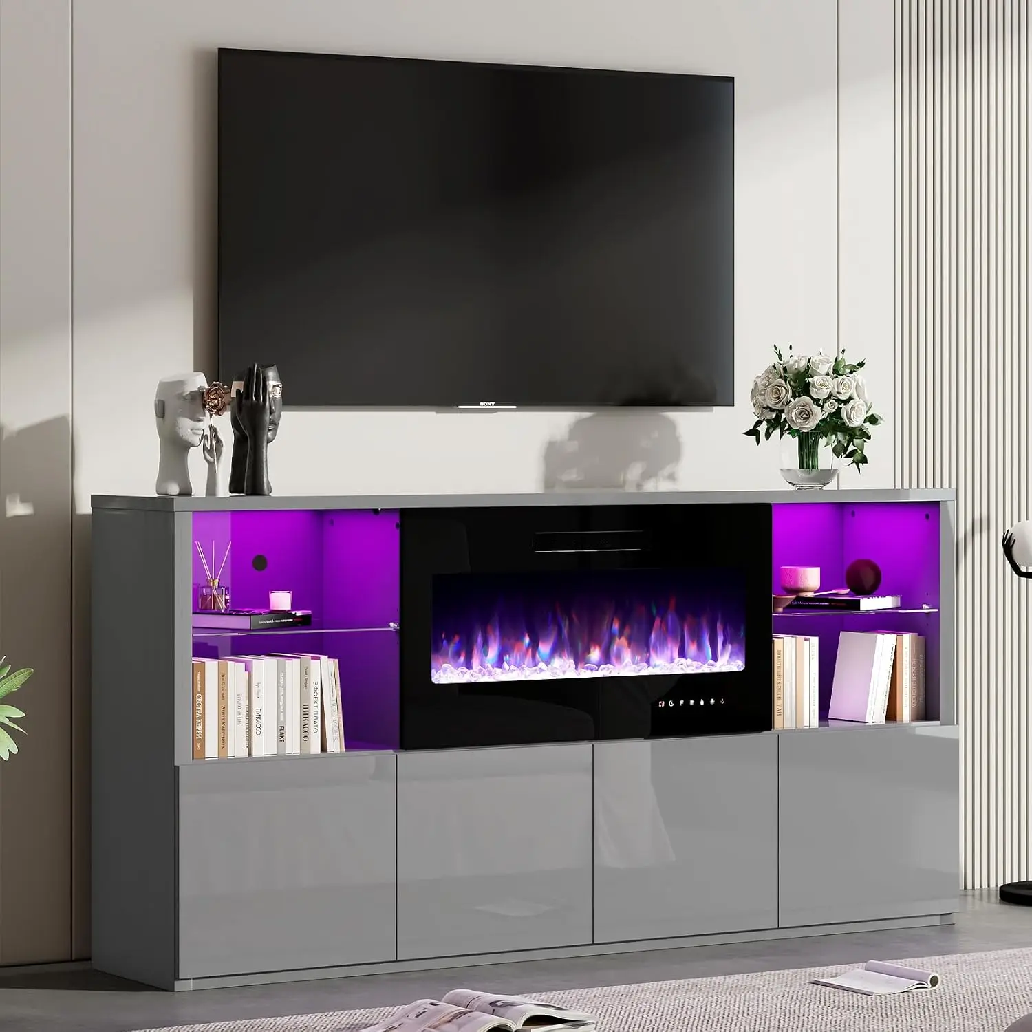 Modern High Gloss TV Stand With Electric Fireplace & LED Storage, 68 Inch, Customized