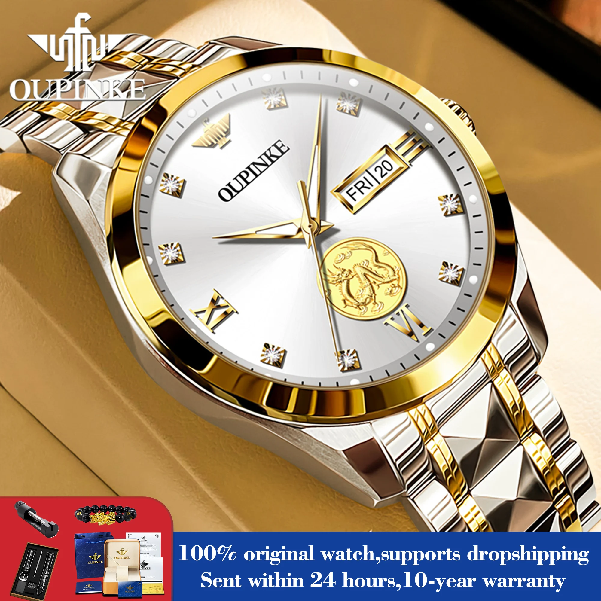 OUPINKE 3259 Dual Calendar Luxury Mechanical Hand Clock Deep Waterproof Automatic Watch For Men Luminous Stainless Steel Watches