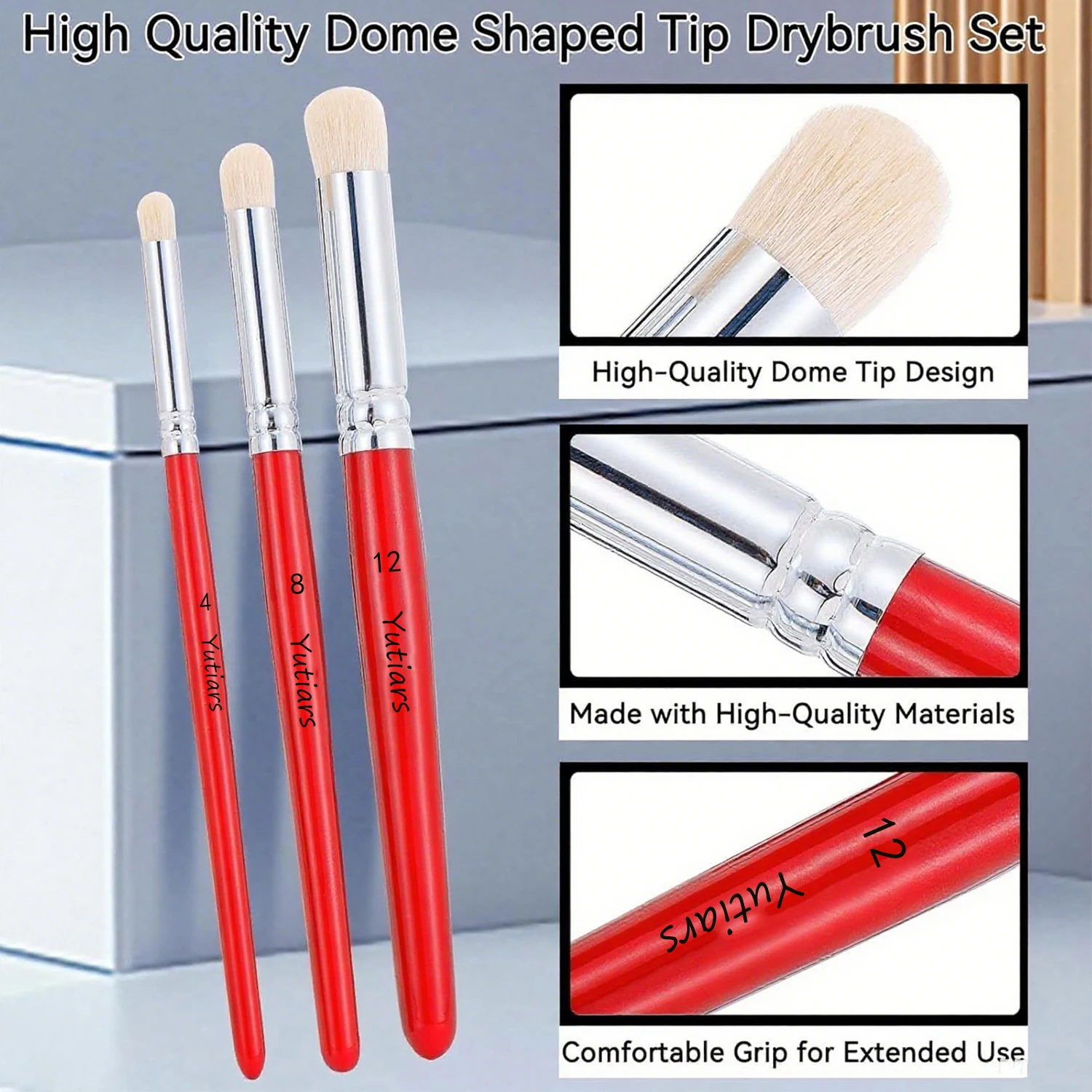 3Pcs Miniature Painting Brushes Set - Quality Goat Hair Dry Brushes Ideal For Model Coloring, Dome Shaped Drybrush Kit