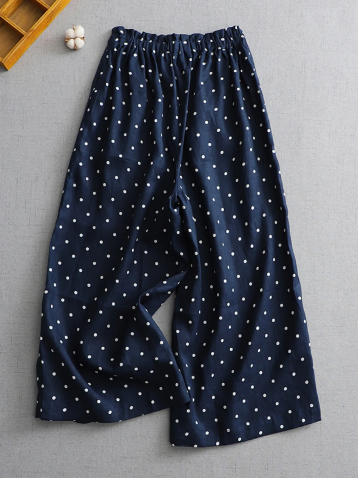 Pantalones informales rectos de lino y algodón con estampado de lunares Retro, pantalones de verano de pierna ancha drapeados de cintura alta para mujer de talla grande