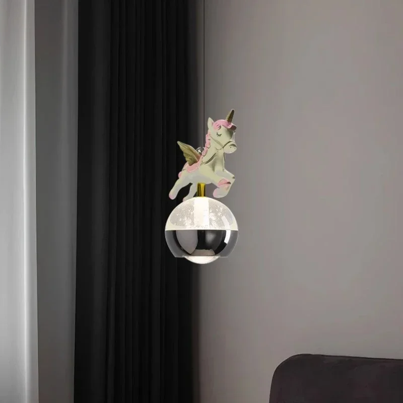 

SANDYHA Modern Cartoon Unicorn Led Hanging Lamp Kids Bedroom Light Ceiling Chandelier Study Decor Lustre Ball Pendant Light