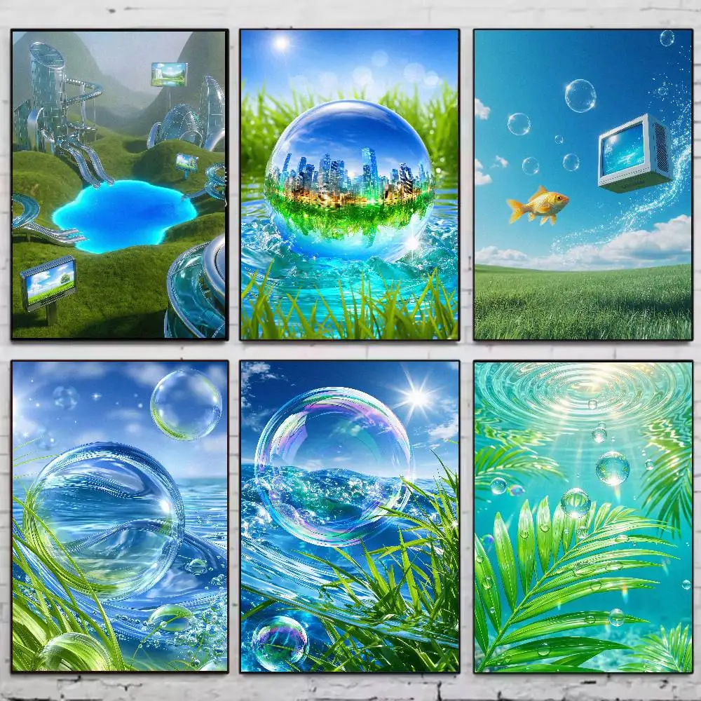 Frutiger Aero Style Poster Blue Sky Bubble Landscape Art Print, Clean Futuristic Green Nature Scenery Aesthetic Y2K Room Picture