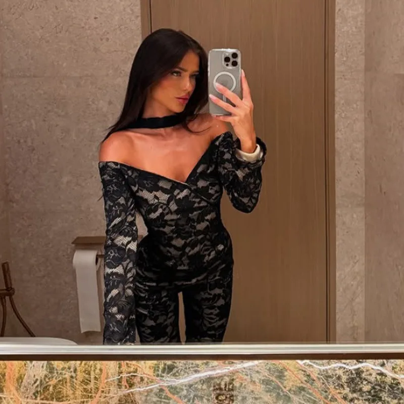 Women's Clothing European And American Style Trend Design Sense Lace One-word Collar Long-sleeved Sexy Jumpsuit Medium Pants