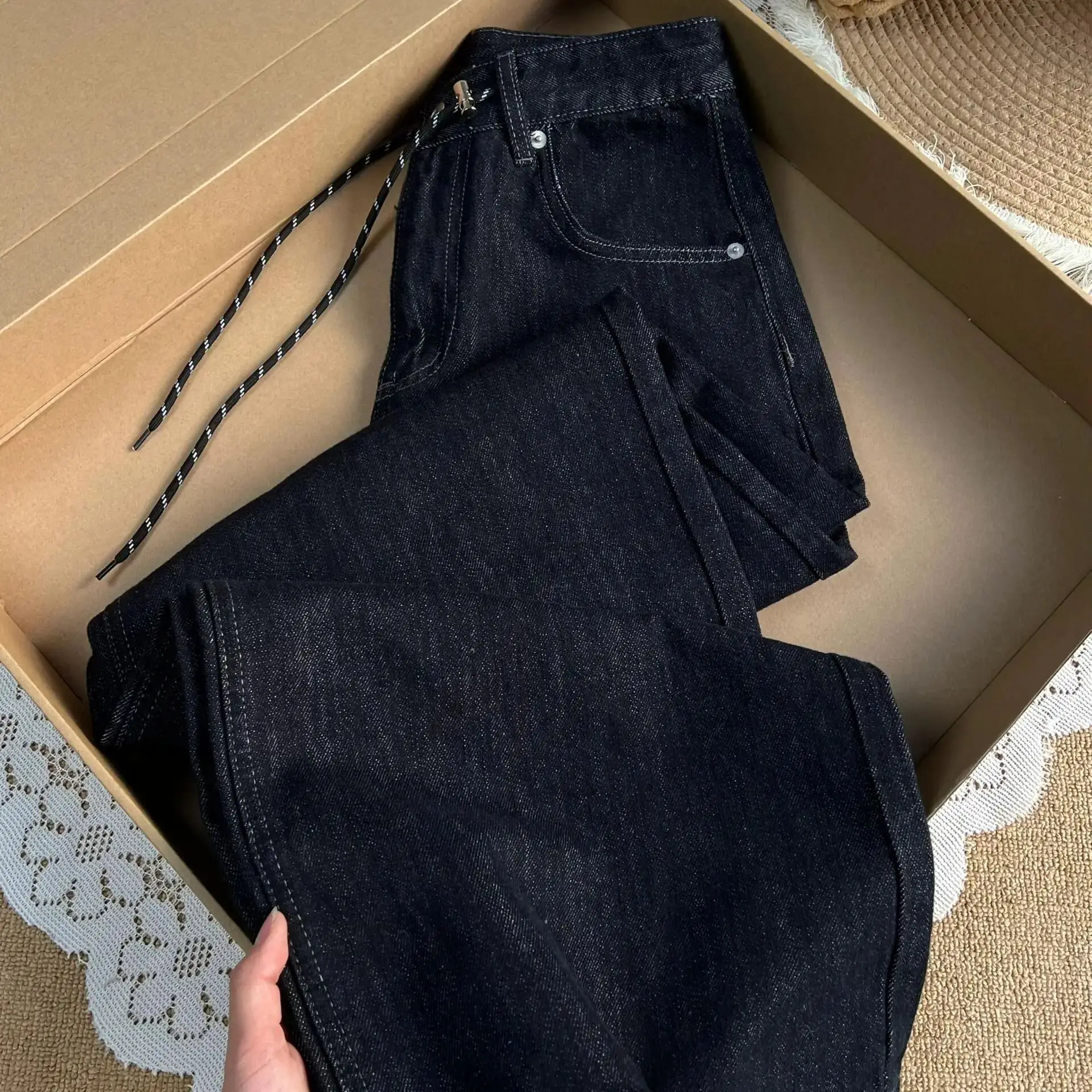 Vintage Women's Blue Black Straight Leg Jeans Autumn Fashion Striped Lace -up Design Sense Loose Denim Pants Female Trousers