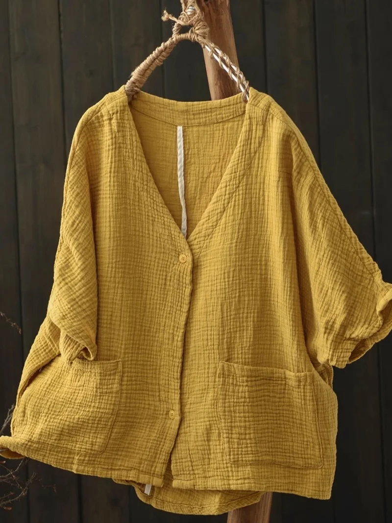 Silent Art V-neck Double Layer Cotton Yarn Vintage Cardigan Shirt For Women Summer 2025 Loose Short Coat Breathable Top w375