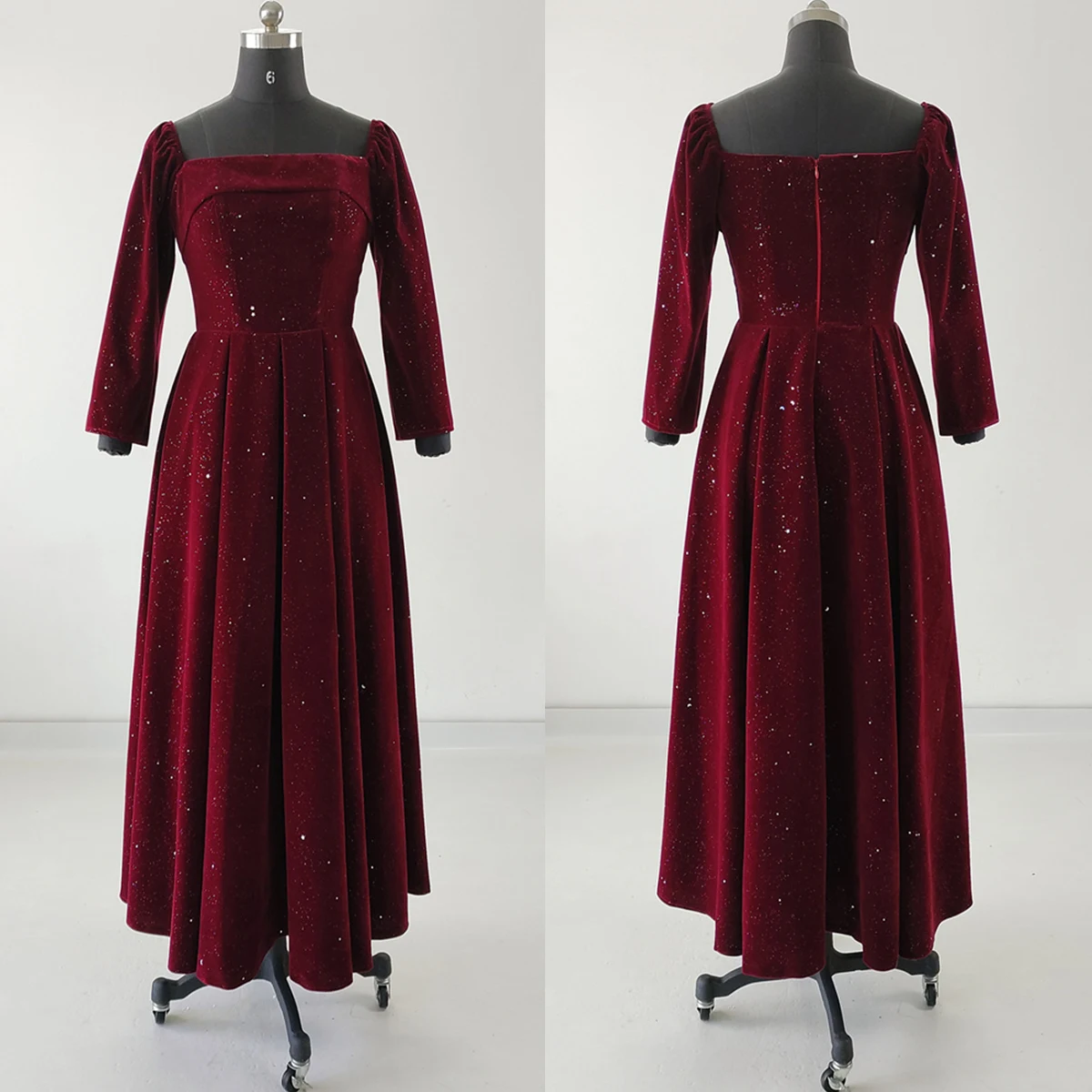 

Real Photo Evening Dress Burgundy Velvet Square Collar Full Sleeves A-Line Ankle-Length Pleat Plus size Woman Formal Party Gowns