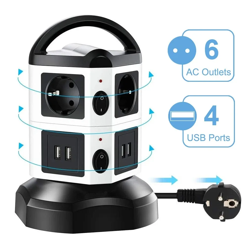 

Удлинитель TESSAN вертикальный с 3 розетками и 4 USB-портами, 2 м