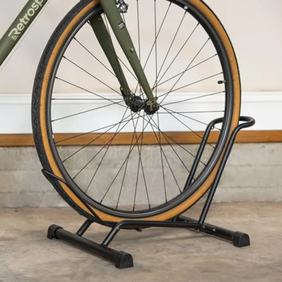 

Indoor bike floor stand for garage use, steel construction, black finish, no-lift design holds MTB/road/e-bike with tires up to