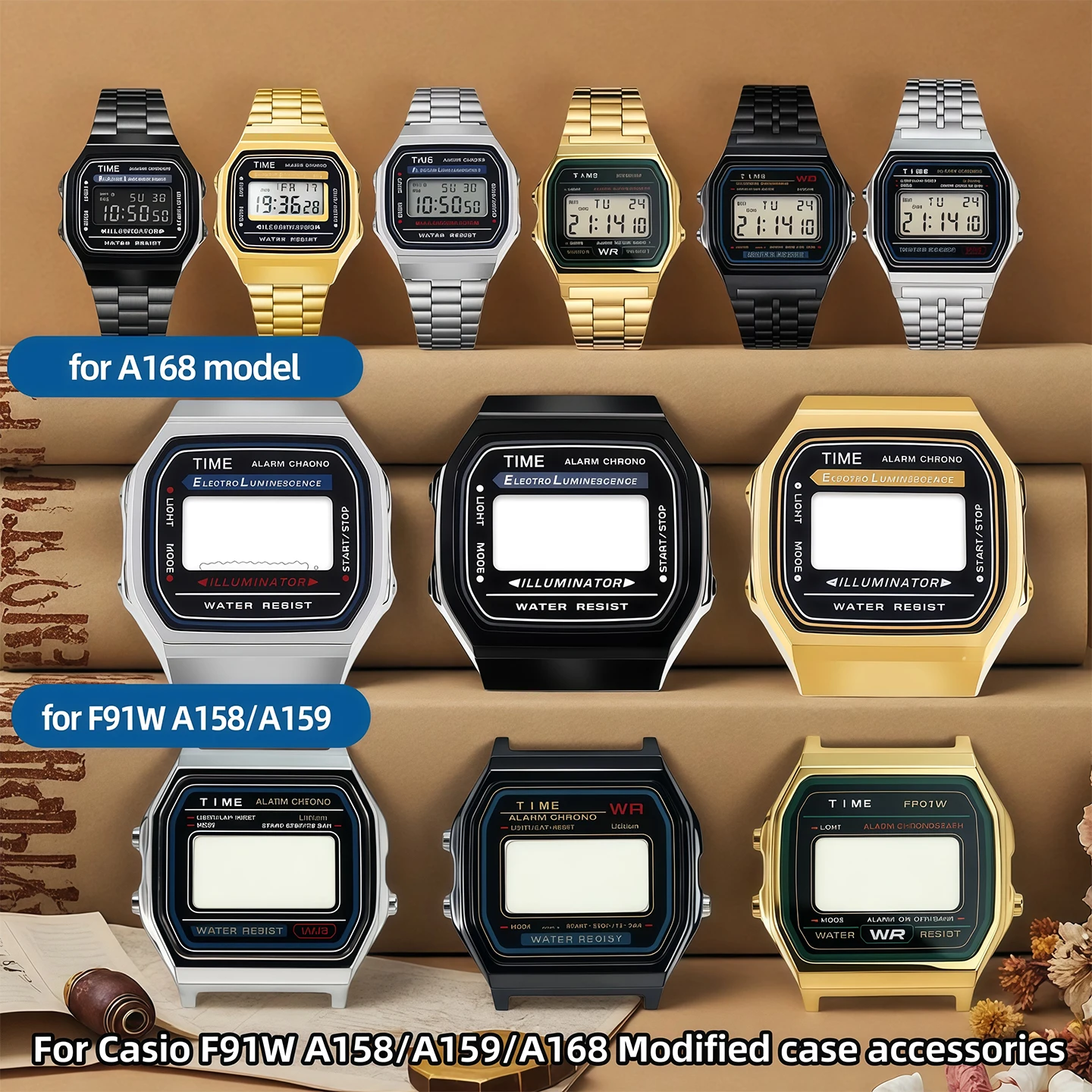 

A168W modified model Stainless steel metal Bezel watch Case+Strap For Casio F91W A158/A159/A168 Series Metal watchband bracelet